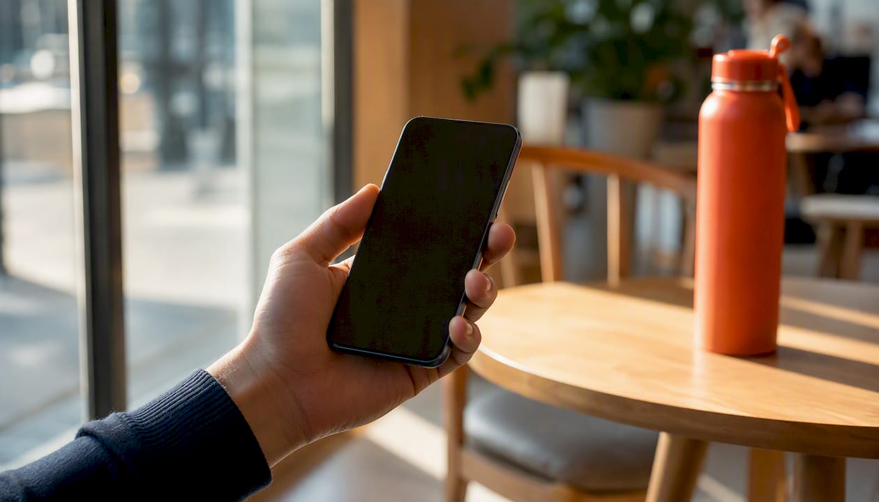 Hand holding smartphone in neutral setting